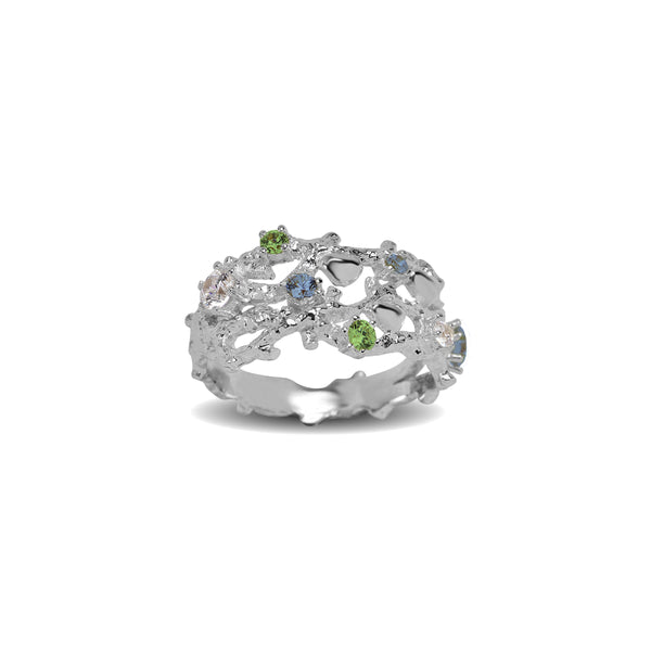'Radiance Reef' Ring med grønne, blå og hvide cz i Sterling sølv