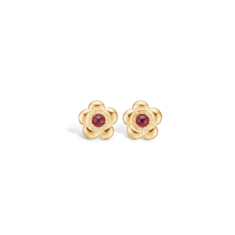 14 kt gold earrings with flower and ruby