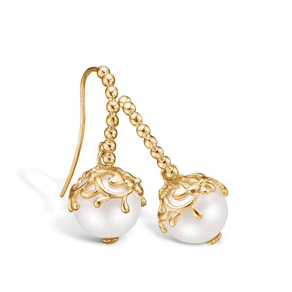14 kt gold earring with balls and white freshwater pearl