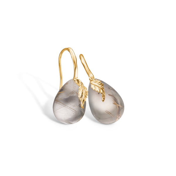14 kt gold earring with rutile quartz and leaf