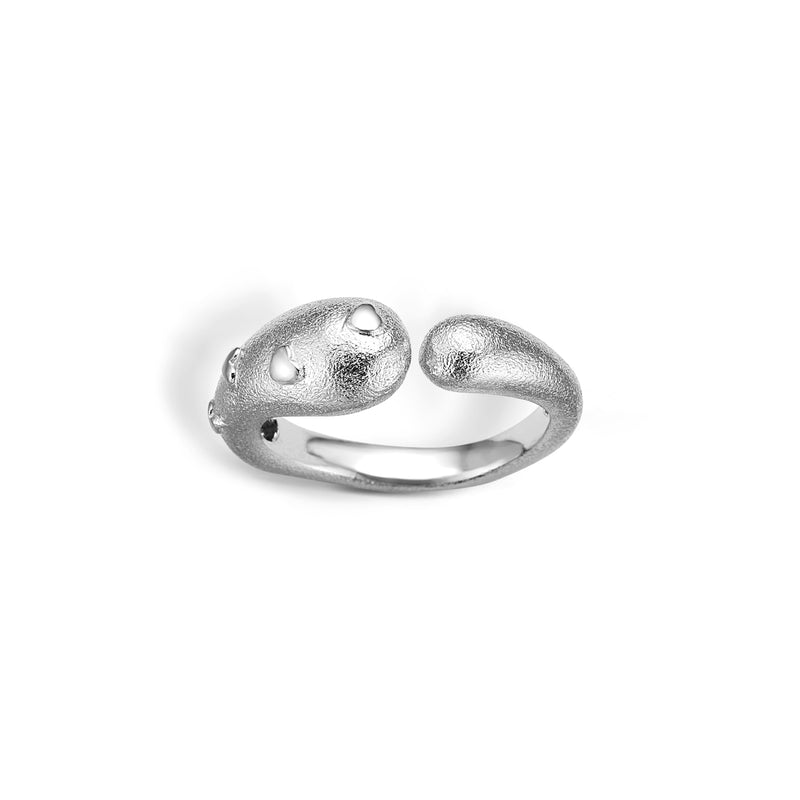 Open silver ring with shiny hearts