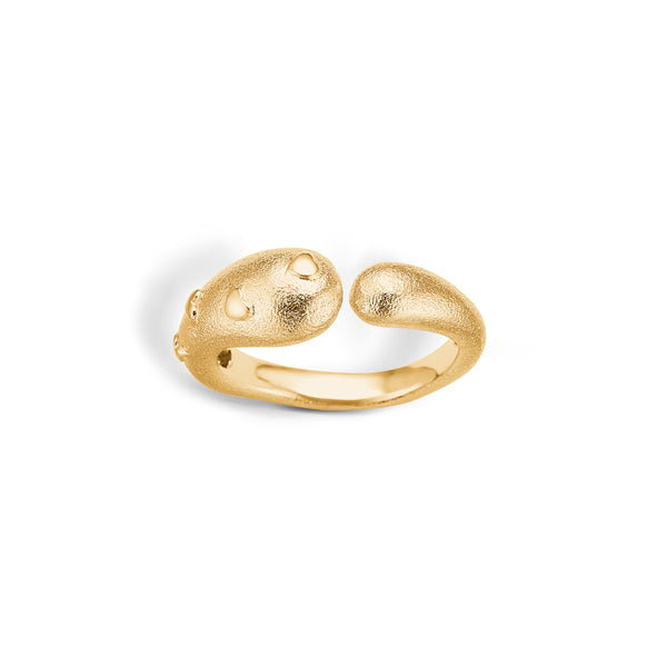 Open gold-plated silver ring with shiny hearts