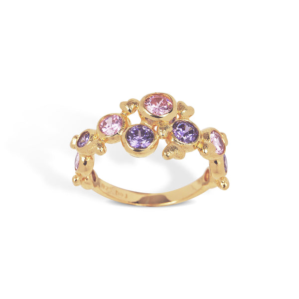 Small gold-plated sterling silver ring with purple and pink cubic zirconia