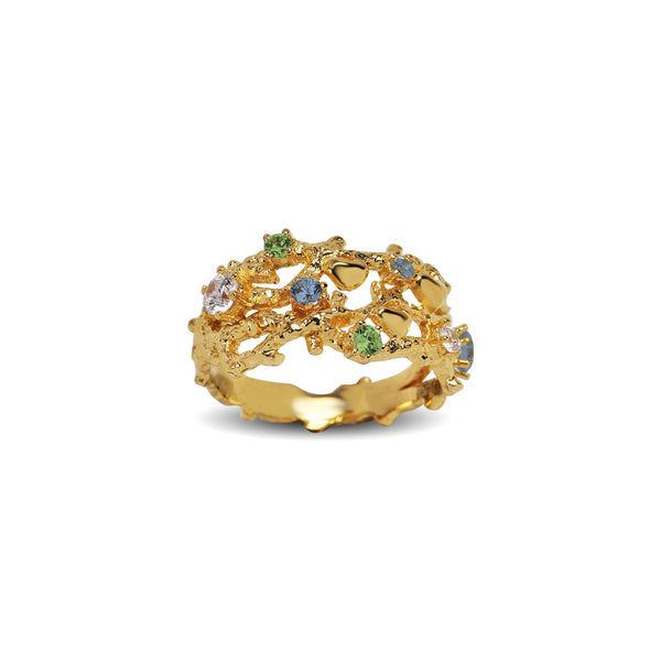 Gold-plated sterling silver ring with green, blue and white cz 'Radiance Reef'