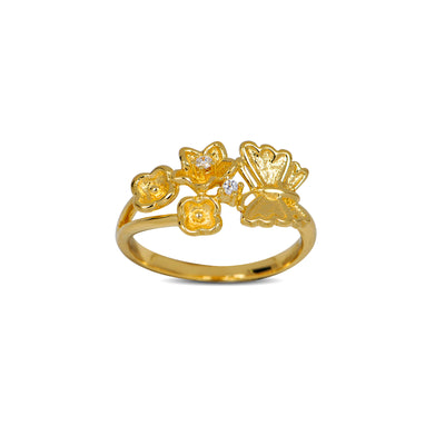 Ring forgyldt sterling sølv med sommerfugl, blomster og cz.