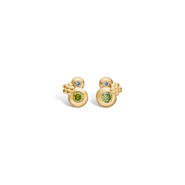 Gold-plated silver ear studs with bubble motif and blue/green stones