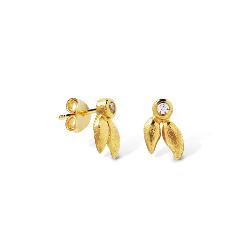 Gold-plated sterling silver earrings with leaves and cz. 'Front'