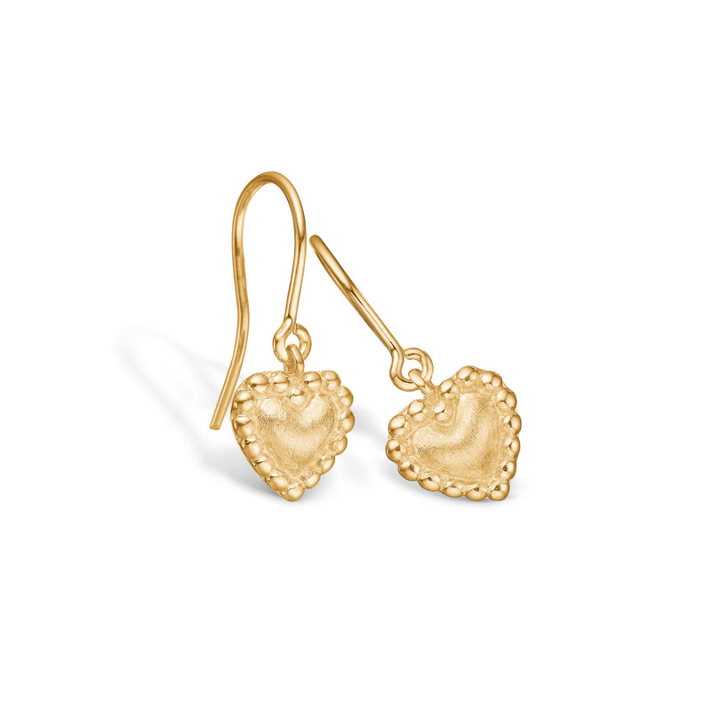 Gold-plated sterling silver ear pendant 'Cirkelina' with balls and matte heart