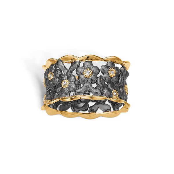 Black rhodium-plated sterling silver ring with gold-plated edge and cubic zirconia