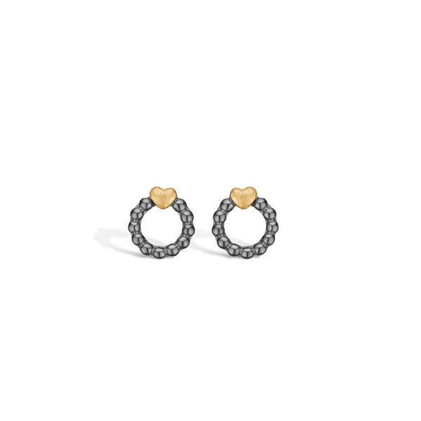 Black rhodium-plated silver earrings 'Cirkelina' with balls and gilded matt heart