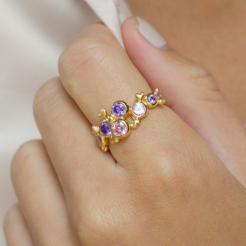 Lille forgyldt sterling sølv ring med lilla og pink kubiske zirkonia