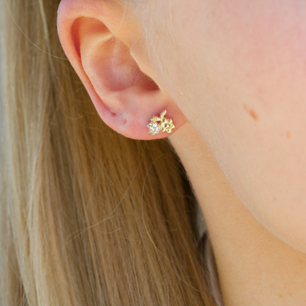 9 kt gold earrings with floral pattern and sparkling hearts