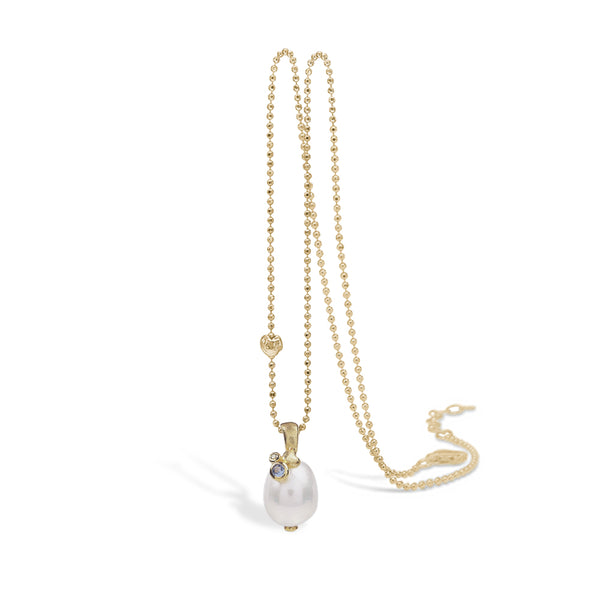 Gold-plated silver pearl pendant with blue and green cubic zirconia