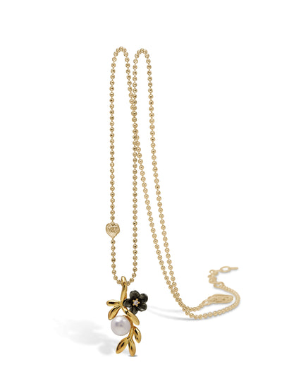 Sort rhodineret halskæde med blomst og ferskvandsperle, forgyldt og kubisk zirkonia