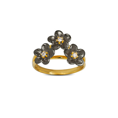 Sort rhodineret ring blomster med forgyldt og cz