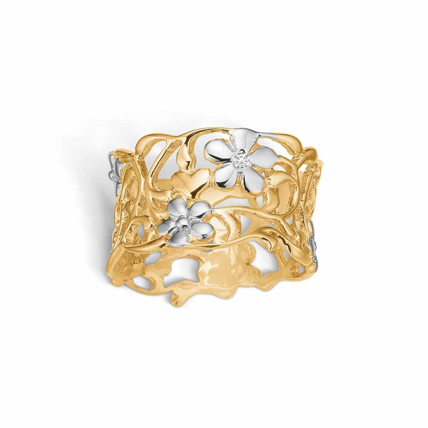14 kt gold ring with rhodium-plated flowers and diamond