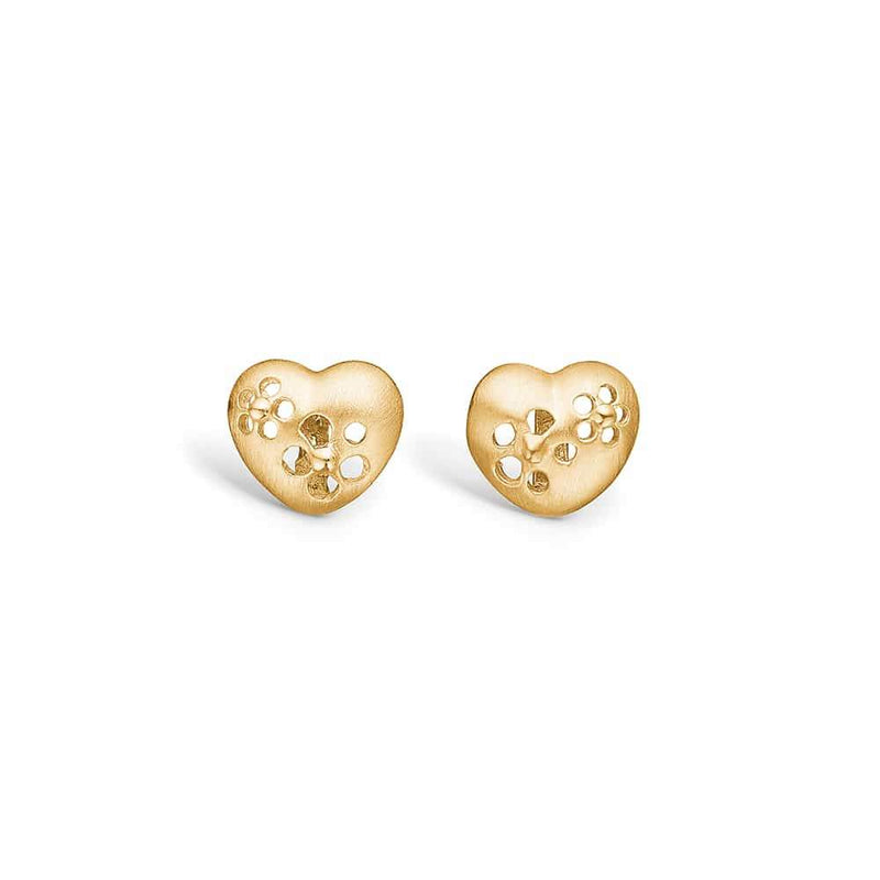 14 kt gold ear studs with an open floral motif in the heart