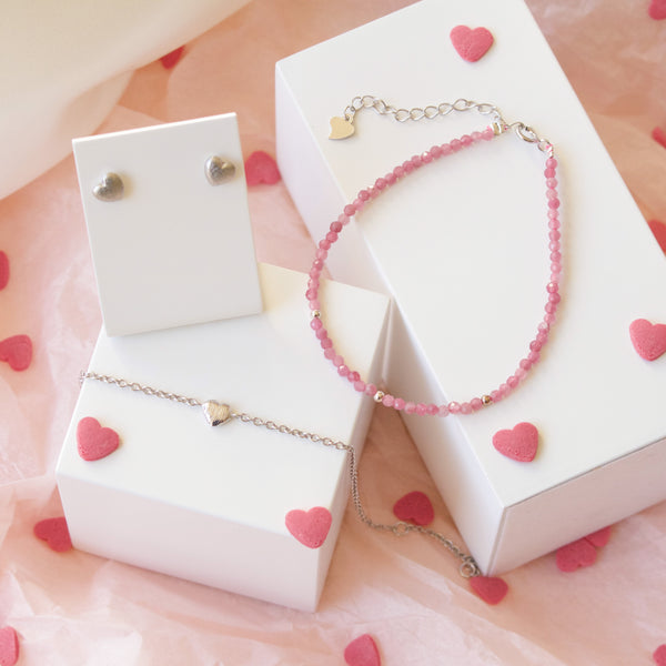 Sterling sølv Valentine sæt med smukke pink turmalin og hjerter