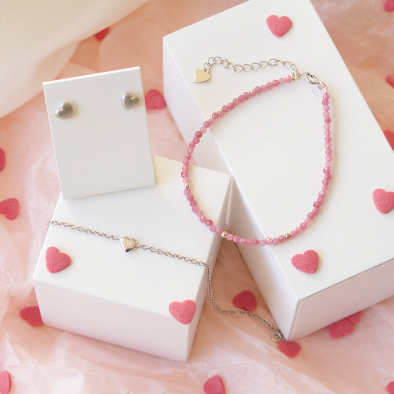Sterling silver Valentine set with beautiful pink tourmaline and hearts