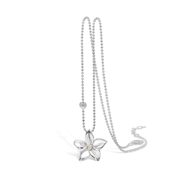 Silver necklace flower with cubic zirconia in gold-plated setting
