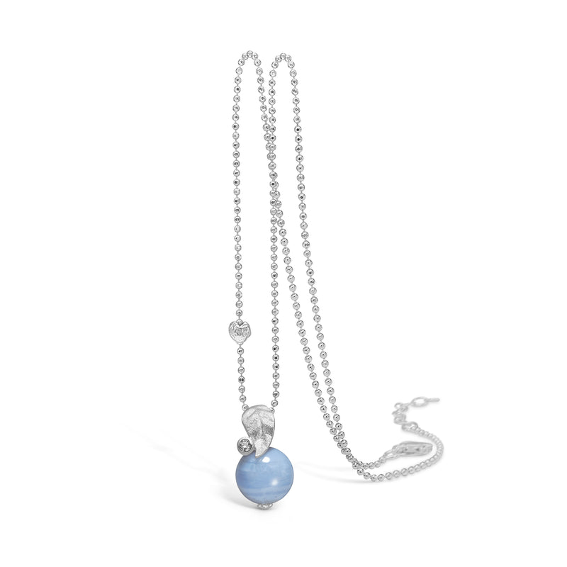 Silver necklace with light blue agate matte leaf and cubic zirconia