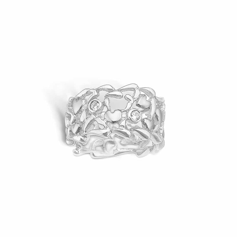 Sterling silver ring with small heart branches and cubic zirconia