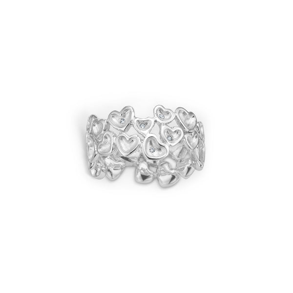 Sterling silver ring with hearts and cubic zirconia