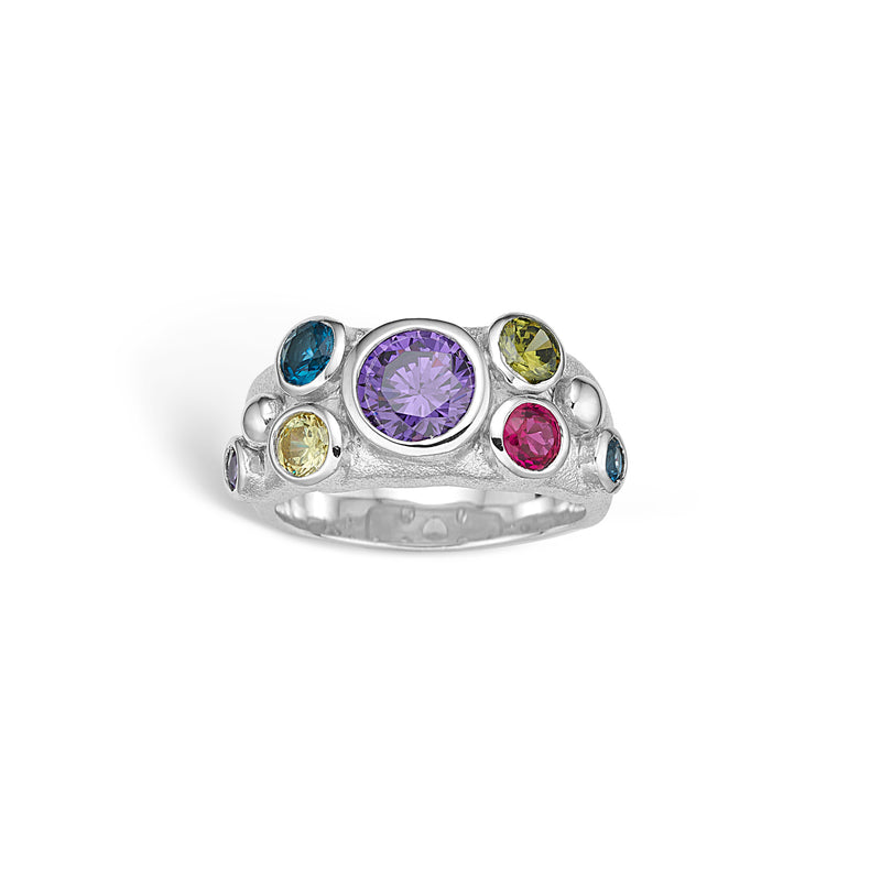 Sterling silver ring with large bubbles of colored cubic zirconia
