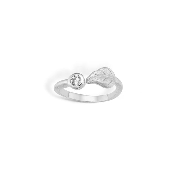 Sterling silver ring open with leaf and cubic zirconia