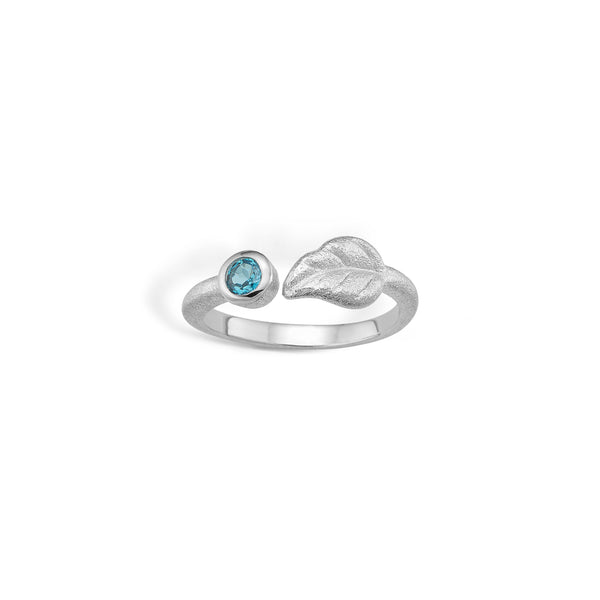 Sterling silver ring open with leaf and blue cubic zirconia