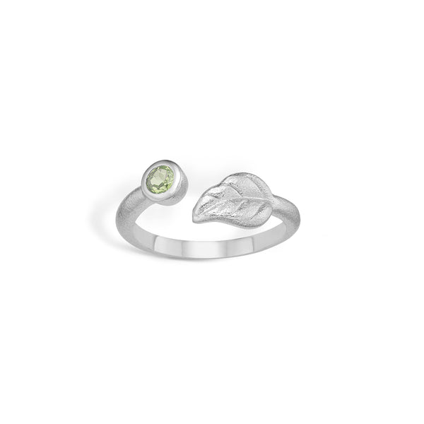 Sterling silver ring open with leaf and green cubic zirconia