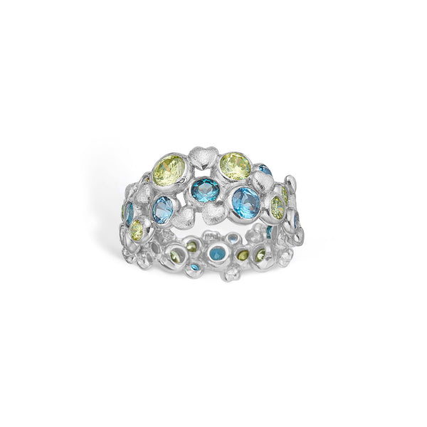 Rhodium-plated sterling silver ring with blue and green cubic zirconia