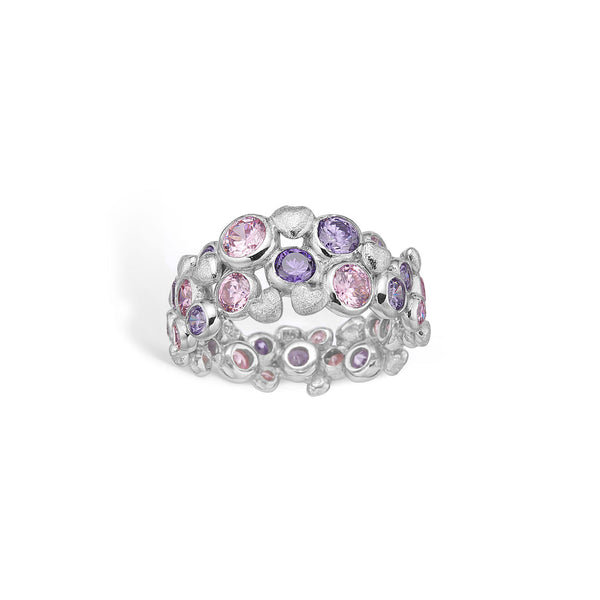 Rhodium-plated sterling silver ring with purple and pink cubic zirconia