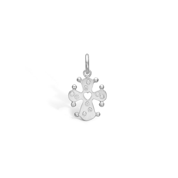 Sterling silver pendant small matt daily cross with heart and cubic zirconia