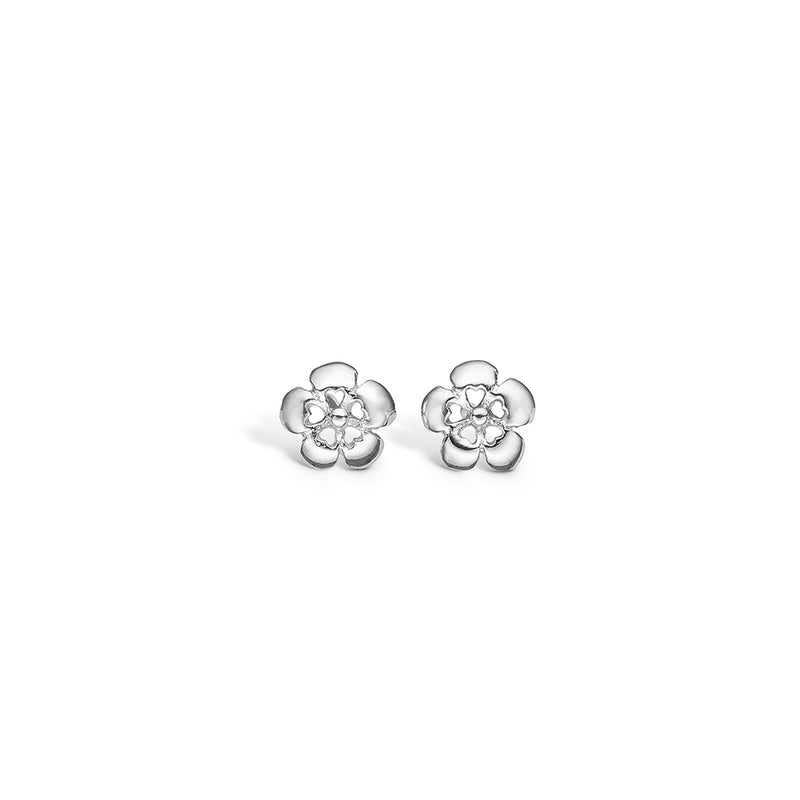 Rhodium-plated silver ear studs with glossy flower