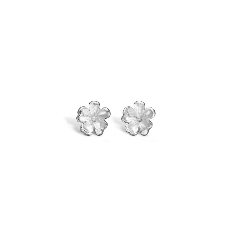 Silver rhodium-plated ear stud with small matte flower