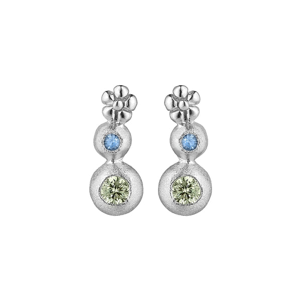 Sterling silver earrings with flower green and blue cubic zirconia