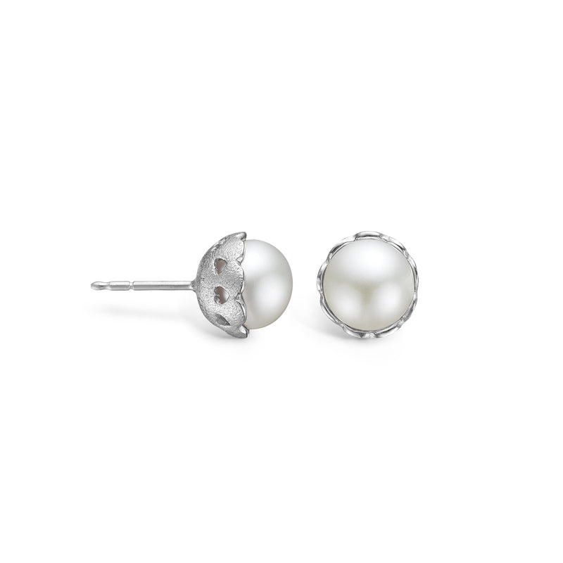 Sterling silver ear studs 8mm freshwater pearl with matte bowl