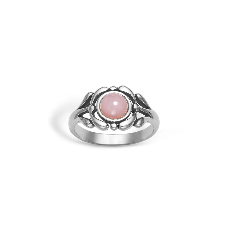 Oxidised sterling silver finger ring with a pink opal