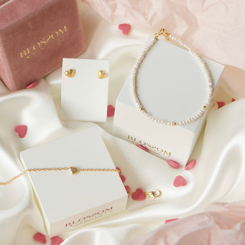 Forgyldt sterling sølv Valentine sæt med smukke perler og hjerter