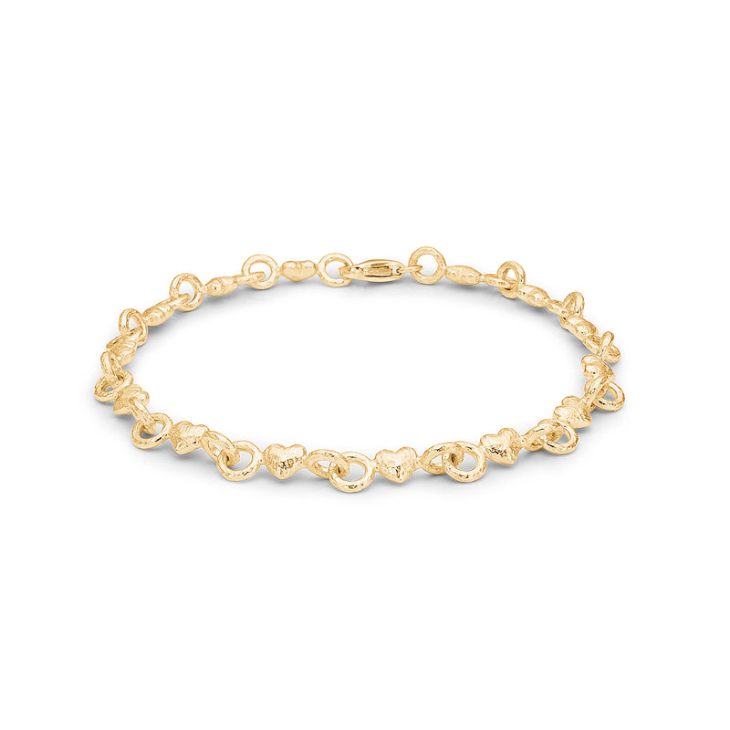 Solid gold-plated sterling silver bracelet with small rustic hearts
