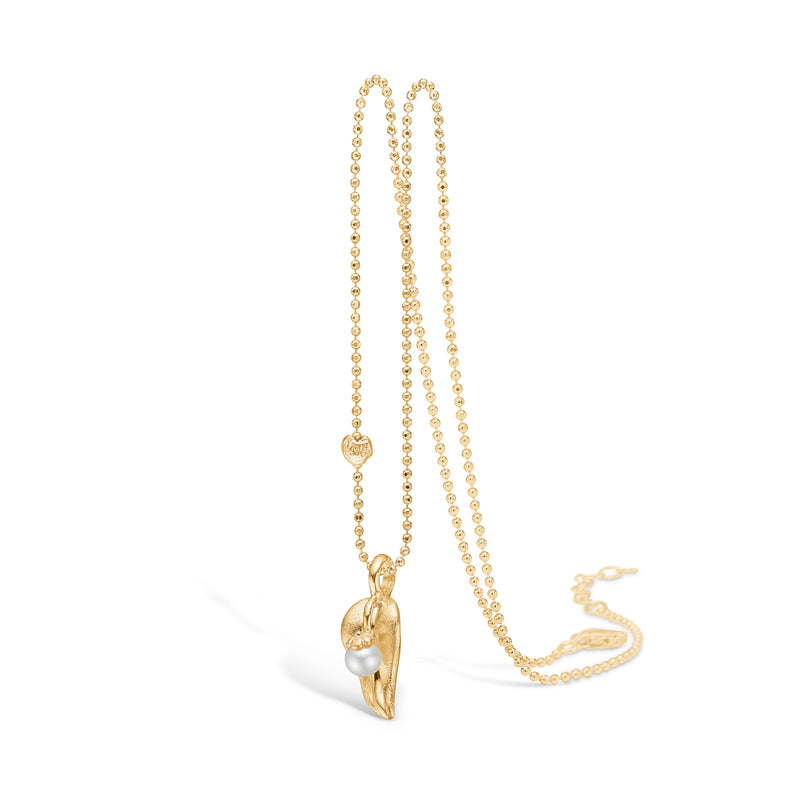 Gold-plated sterling silver necklace with a matte leaf and freshwater pearl