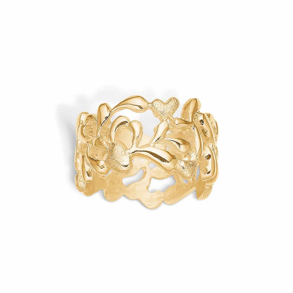 Gold-plated sterling silver ring with shiny branches and matte hearts
