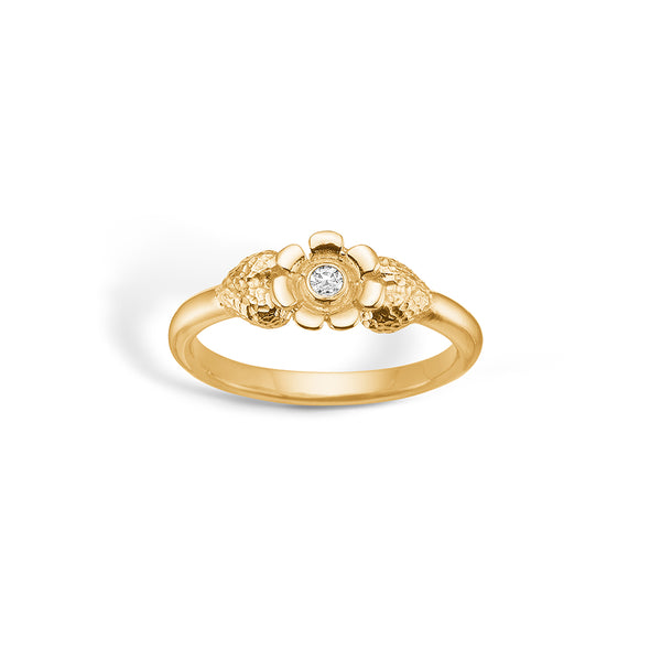 Gold-plated silver finger ring with flower inset cubic zirconia and hearts