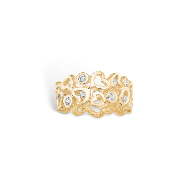 Gold-plated silver ring with heart pattern and cubic zirconia