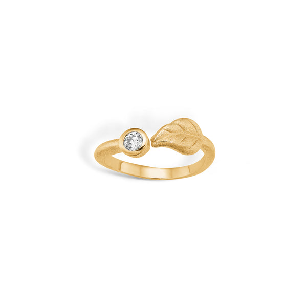 Gold-plated sterling silver open ring with leaf and white cubic zirconia