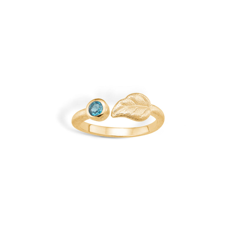 Gold-plated sterling silver open ring with leaf and blue cubic zirconia