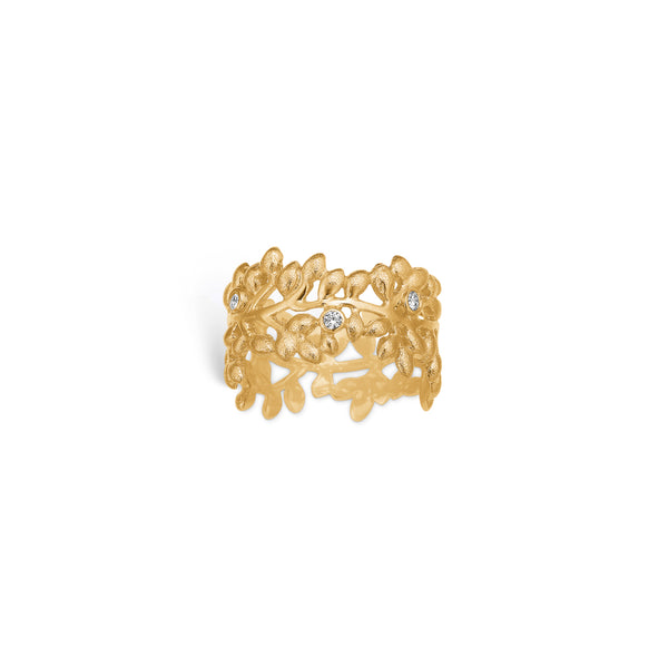 Gold-plated sterling silver ring with leaves and cubic zirconia