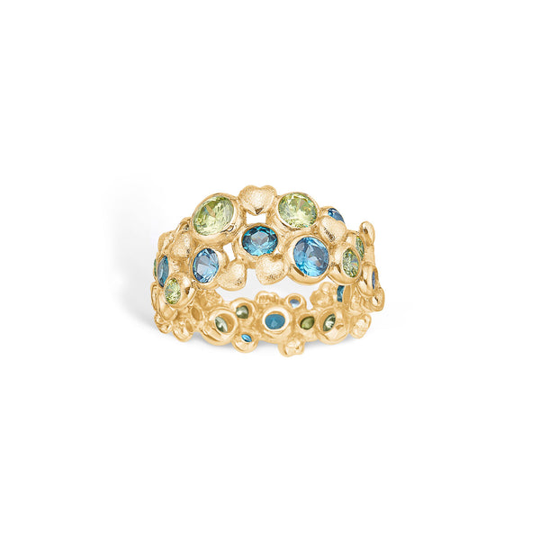 Gold-plated sterling silver ring with blue and green cubic zirconia