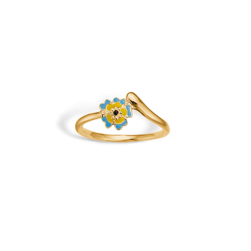 Gold-plated silver finger ring with flower of blue, yellow and black enamel